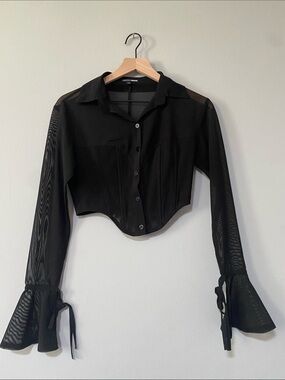 Black Sheer Sleeve Cropped Button-Up Top